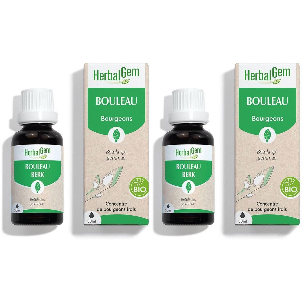 Trois flacons et emballages. Inscription: HerbalGem BOULEAU, Bourgeons, 30ml, certification Bio.