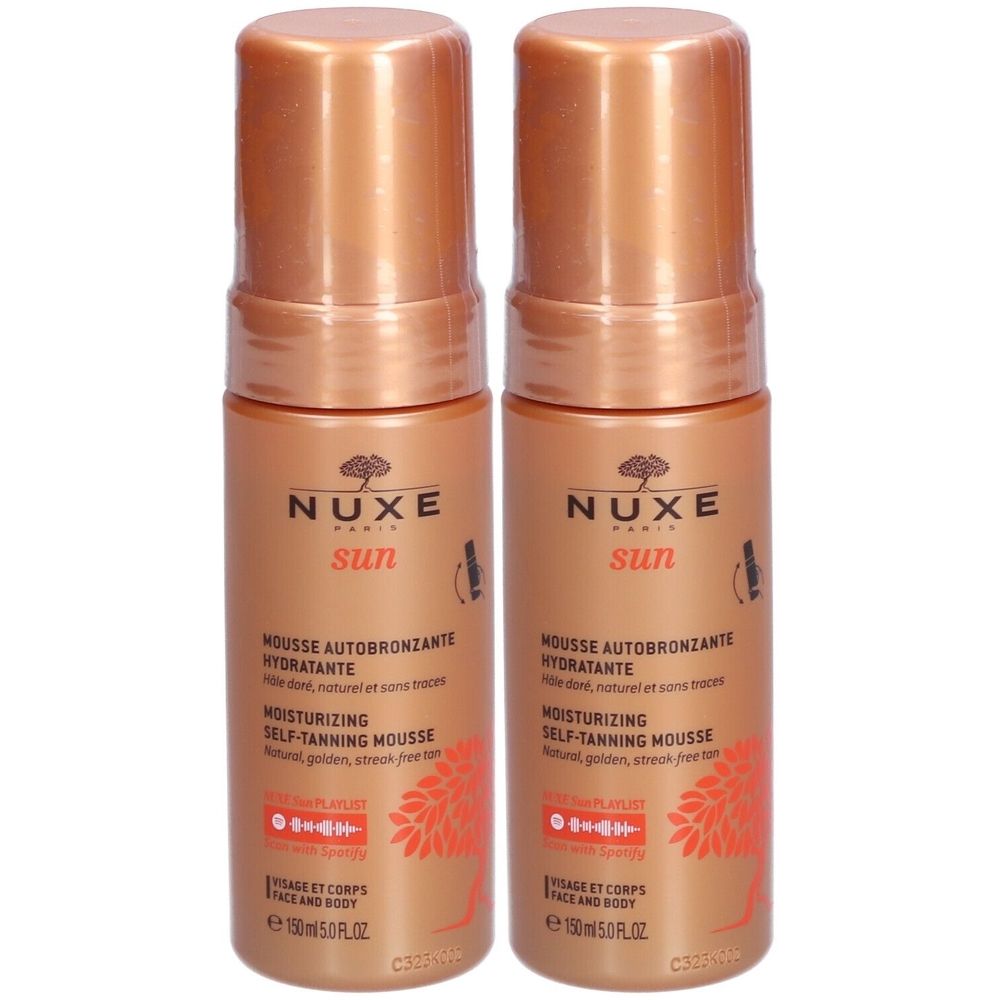 Deux flacons de Nuxe Sun Mousse Autobronzante. Mousse autobronzante, dorée, avec logo et texte. 150 ml.