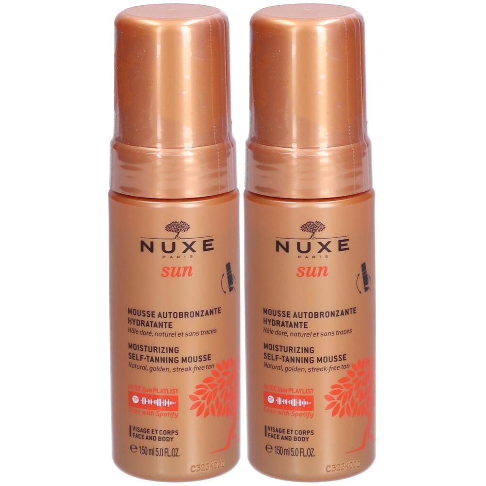 Deux flacons de Nuxe Sun Mousse Autobronzante. Mousse autobronzante, dorée, avec logo et texte. 150 ml.
