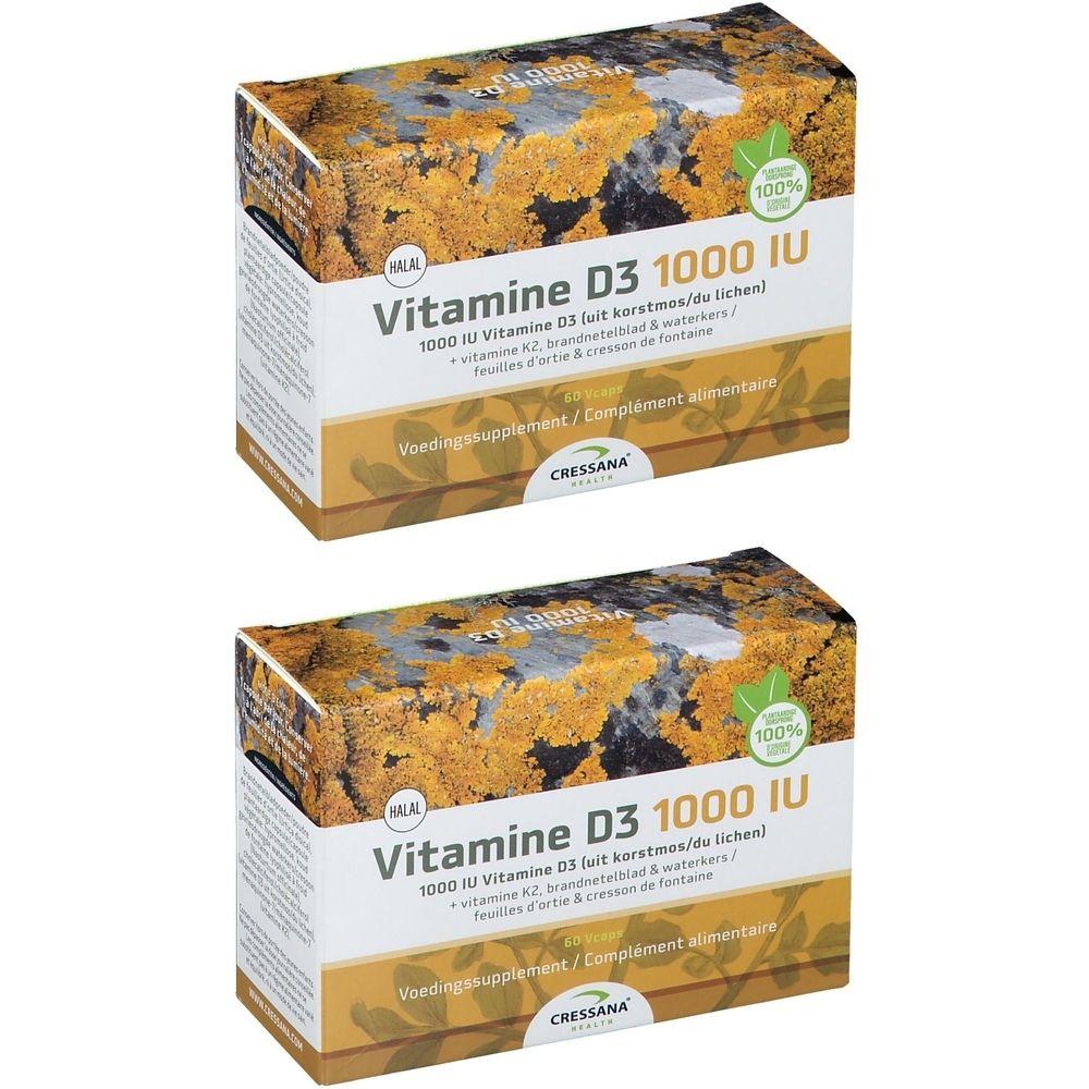 Deux boîtes de CRESSANA® Vitamine D3 1000IU & K2. Inscription: Vitamine D3 1000 IU, K2, feuilles & cresson. Emballage vert-jaune.