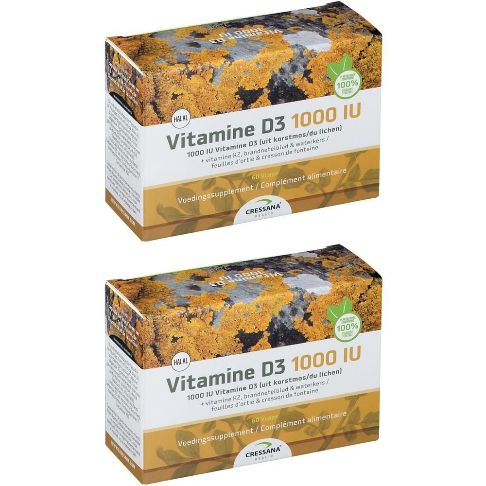 Deux boîtes de CRESSANA® Vitamine D3 1000IU & K2. Inscription: Vitamine D3 1000 IU, K2, feuilles & cresson. Emballage vert-jaune.