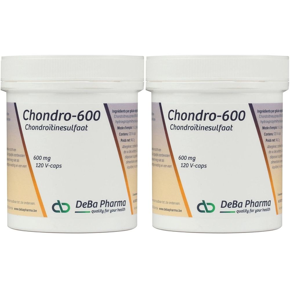 Deux pots blancs avec couvercles. Inscription: Chondro-600, Chondroitinesulfat, 600 mg, 120 V-caps. Logo DeBa Pharma.
