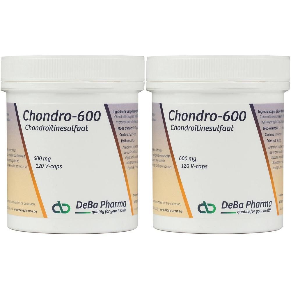 Deux pots blancs avec couvercles. Inscription: Chondro-600, Chondroitinesulfat, 600 mg, 120 V-caps. Logo DeBa Pharma.
