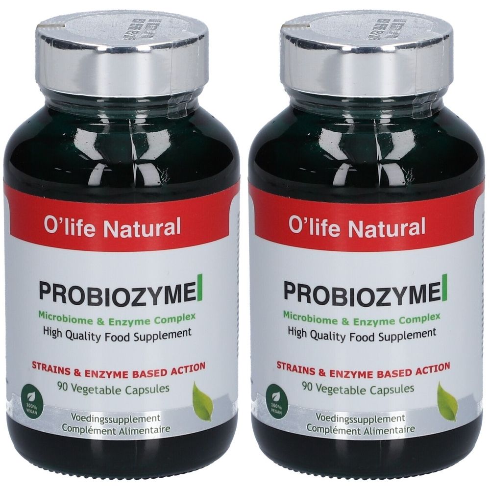 Deux flacons de O'life Natural PROBIOZYME. Bouteilles en verre vert, bouchon argenté, étiquette rouge. Texte : PROBIOZYME, 90 gélules.