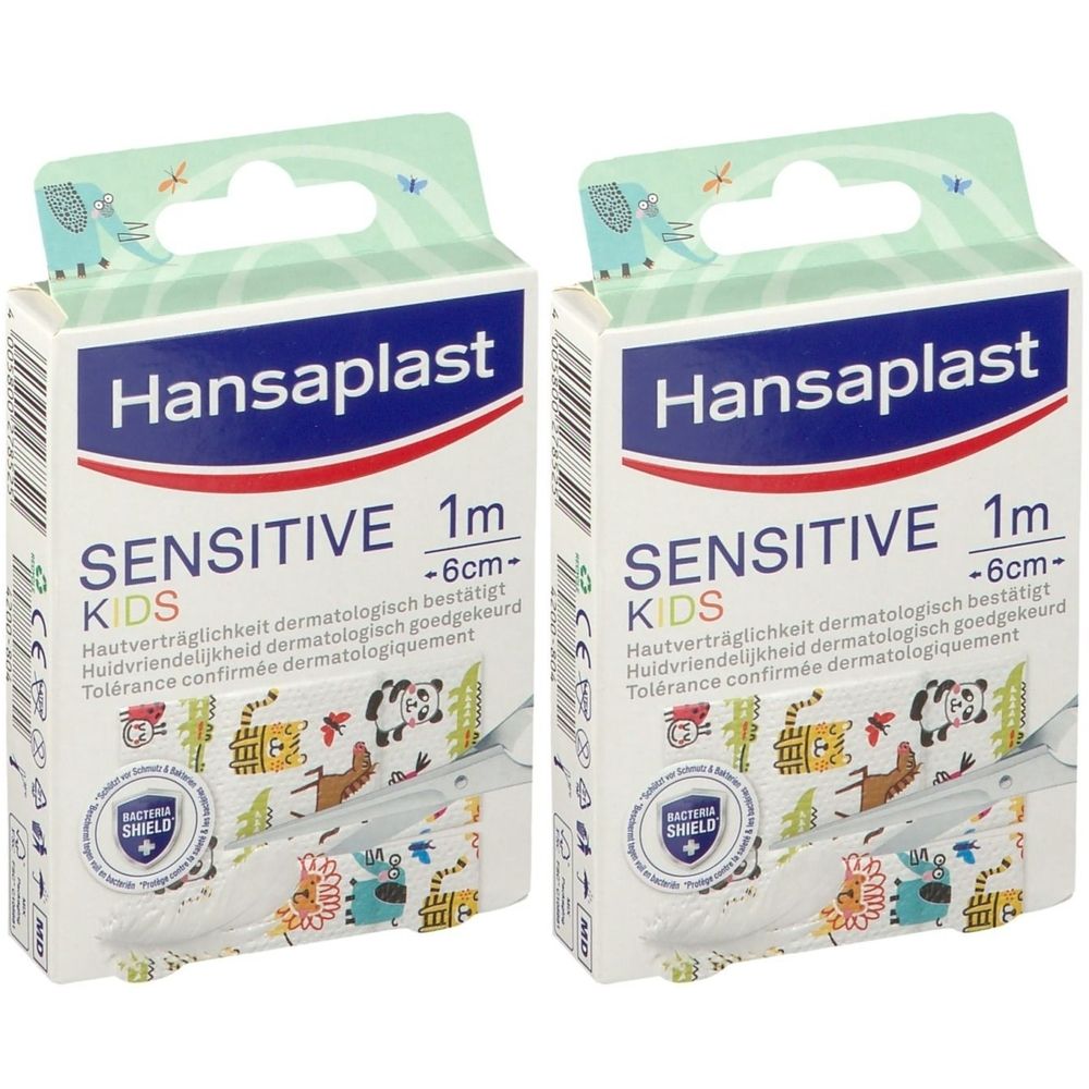 Deux boîtes de pansements Hansaplast Sensitive Kids. Inscription : Sensitive 1m x 6cm. Imprimé avec des motifs d'animaux. Tolérance confirmée.