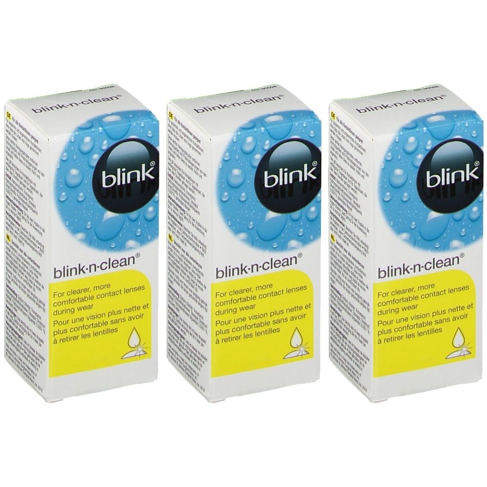 Trois boîtes blanches avec un design bleu. Inscription : blink-n-clean. Texte en anglais et français. Symbole de goutte.