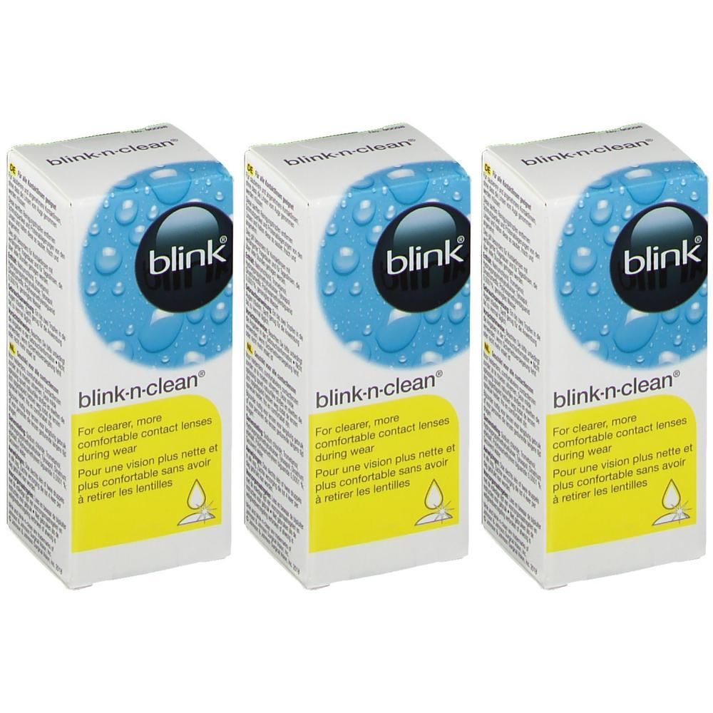 Trois boîtes "blink-n-clean". Logo et gouttes bleues. Texte: "For clearer, more comfortable contact lenses during wear".