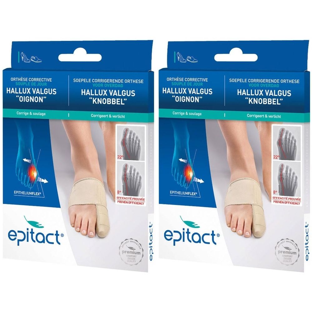 Deux boîtes Epitact® Orthèse Corrective Souple de Jour Hallux Valgus. Beige, avec illustration de pied et nom du produit.