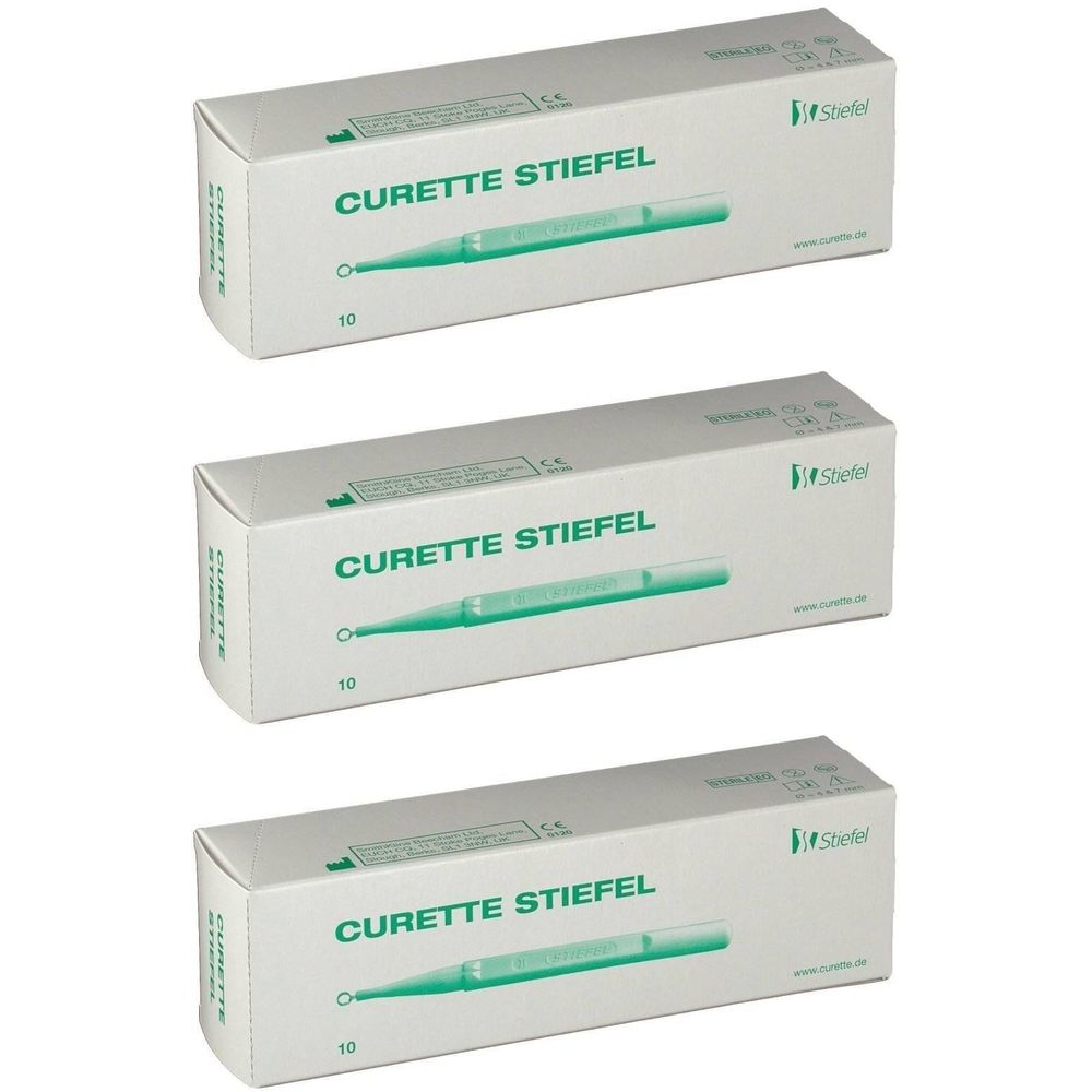 Trois boîtes Curette Stiefel. Inscription: Curette Stiefel, 10. Logo Stiefel. Site web.