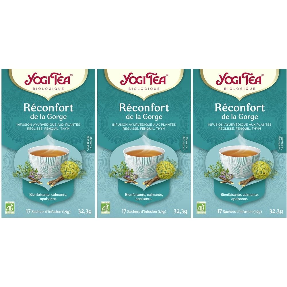 Trois boîtes de Yogi Tea® Réconfort de la Gorge. Emballage turquoise avec illustration de tasse et texte.
