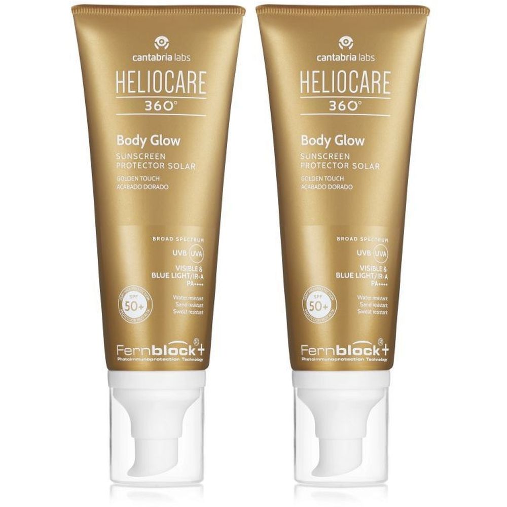 Deux tubes de crème solaire dorée. Inscription: Heliocare 360° Body Glow SPF50+. Avec distributeur blanc et bouchon transparent.
