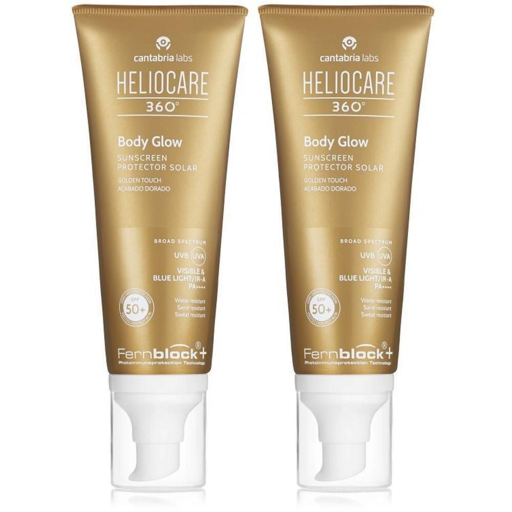 Deux tubes de crème solaire dorée. Inscription: Heliocare 360° Body Glow SPF50+. Avec distributeur blanc et bouchon transparent.