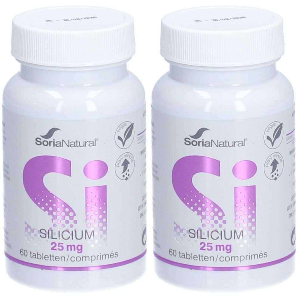 Deux flacons de Soria Natural Silicium 25 mg. Flacons blancs avec texte violet. 60 comprimés par flacon.