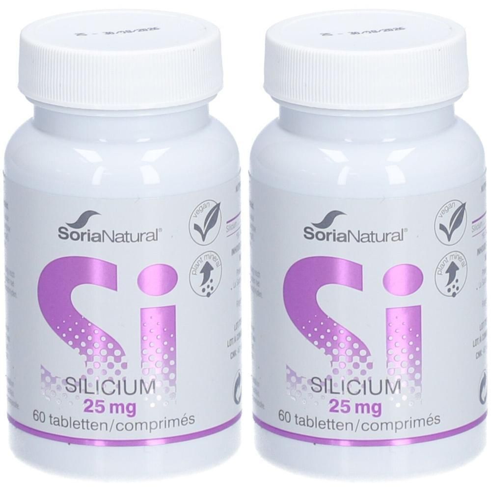 Deux flacons de Soria Natural Silicium 25 mg. Flacons blancs avec texte violet. 60 comprimés par flacon.