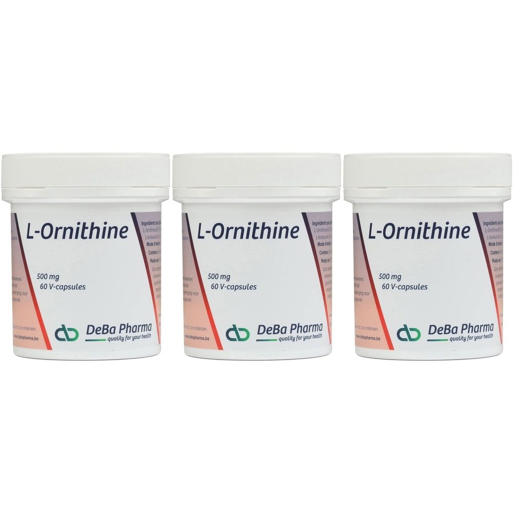 Trois boîtes blanches avec couvercles. Inscription : L-Ornithine, 500 mg, 60 V-capsules. Logo DeBa Pharma.
