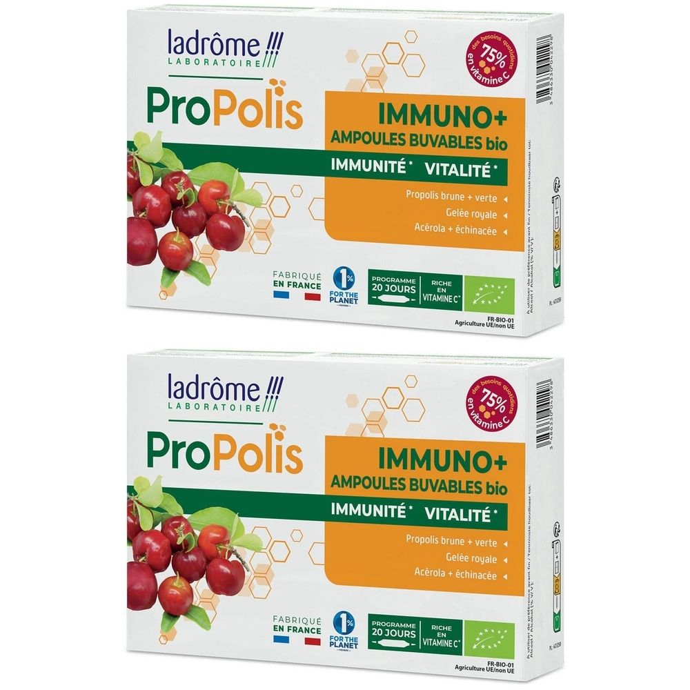 Deux boîtes de produit. Inscription: ProPolis Immuno+ Ampoules. Contient Propolis, Acérola, Gelée Royale et Echinacée. Certification bio.