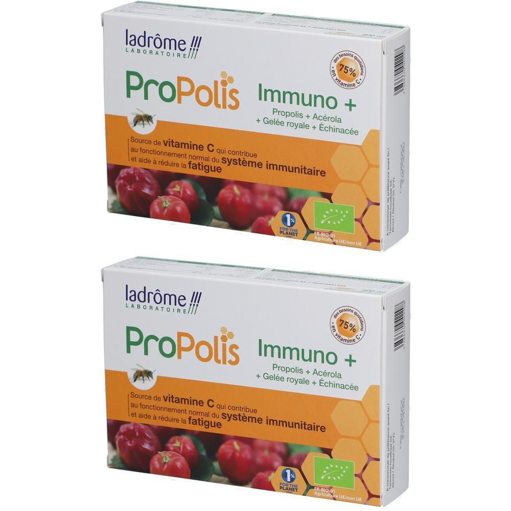 Deux boîtes de produit. Inscription: ProPolis Immuno+. Contient Propolis, Acérola, Gelée Royale et Echinacée. Certification bio.