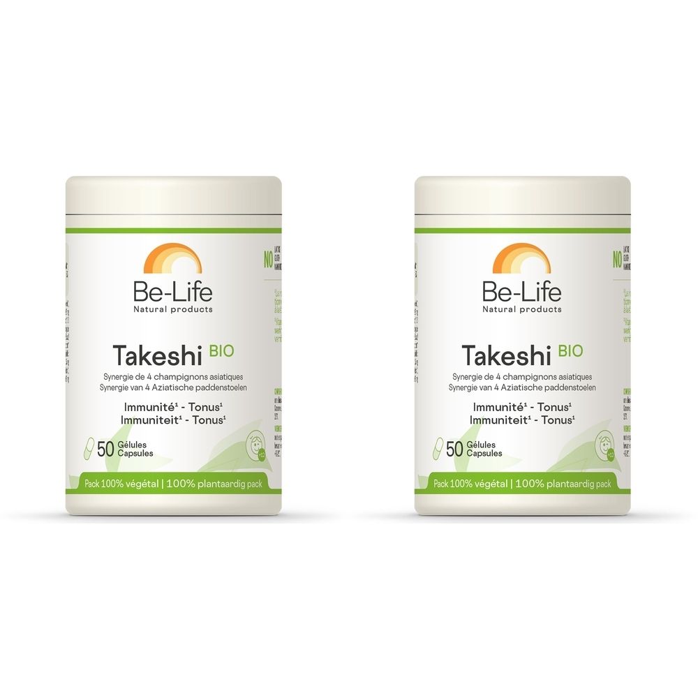 Deux boîtes blanches avec étiquette verte. Inscription : Be-Life Takeshi BIO, 50 gélules. Logo soleil et feuilles.