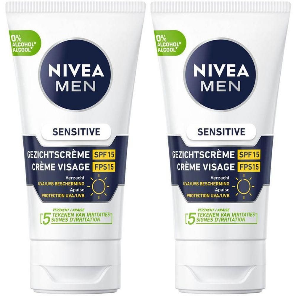 Deux tubes de Crème Visage Nivea Men Sensitive SPF15. Tubes blancs avec lettrage bleu et noir. Logo 0% alcool.