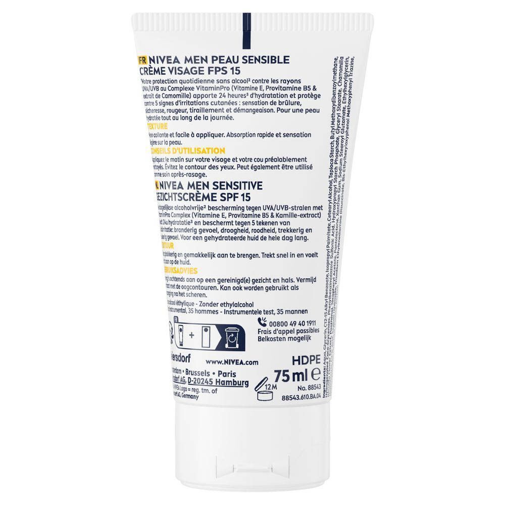 Tube de Nivea Men Sensitive Crème Visage SPF15. Tube blanc avec bouchon bleu. Texte en français et en néerlandais. 75ml.