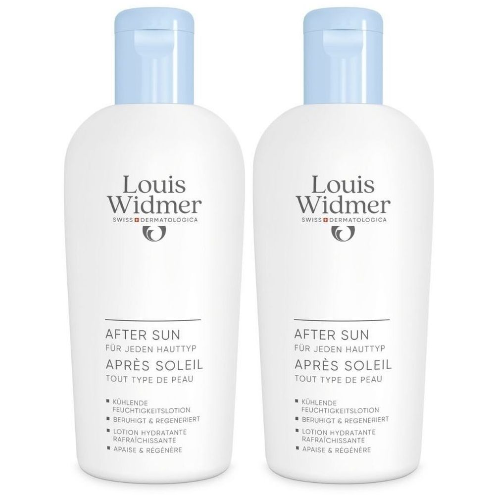 Deux flacons blancs Louis Widmer Après Soleil. Bouchon bleu clair. Inscriptions et nom du produit sur le devant.