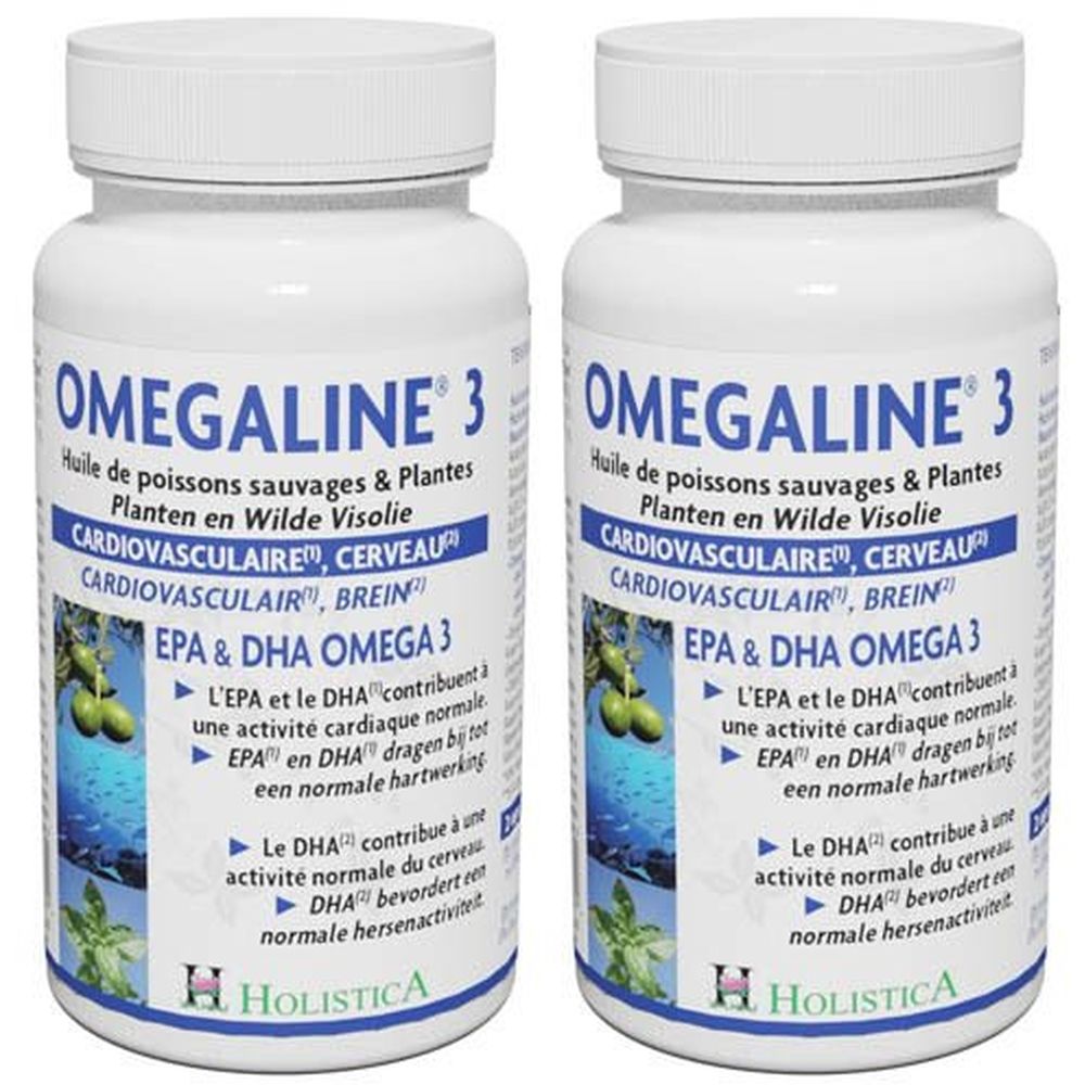Deux flacons Omegaline 3. Blancs avec graphiques bleus et verts. Texte : EPA & DHA Omega 3, Cardiovasculaire, 60 capsules.