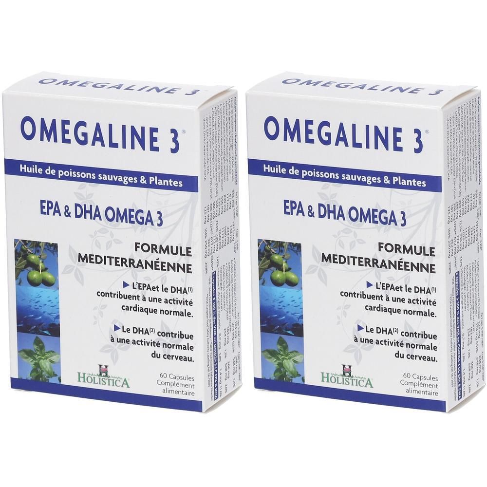 Deux boîtes Omegaline 3. Blanches avec graphiques bleus et verts. Texte : EPA & DHA Omega 3, Formule Méditerranéenne, 60 capsules.