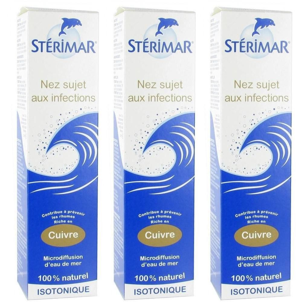 Trois boîtes avec impression du produit. Logo avec dauphin en haut. Texte: Nez sujet aux infections, Cuivre, Microdiffusion d'eau de mer, 100% naturel, ISOTONIQUE.