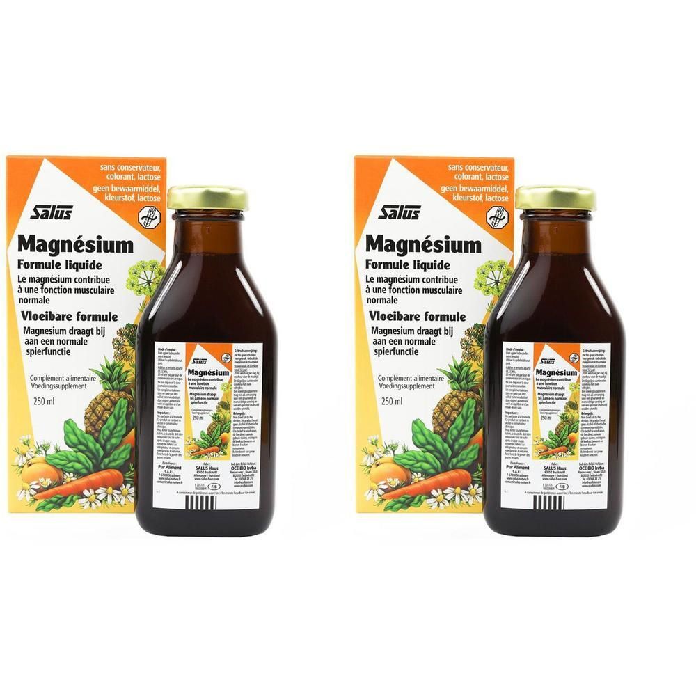Deux bouteilles de Salus Magnésium Formule liquide avec emballage. Bouteilles brunes, bouchon doré, 250 ml. Inscriptions.