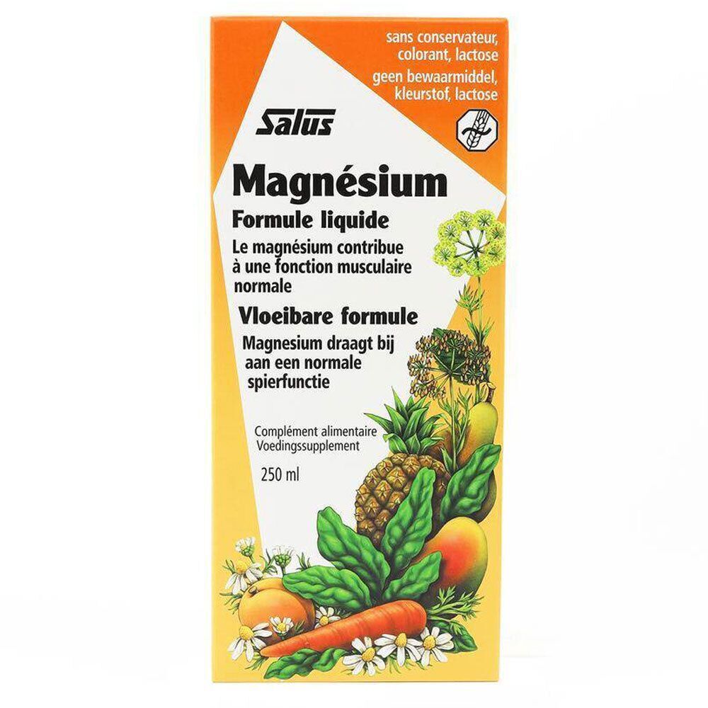 Emballage Salus Magnésium Formule liquide. Orange, avec illustration et texte. 250 ml. Sans conservateur.