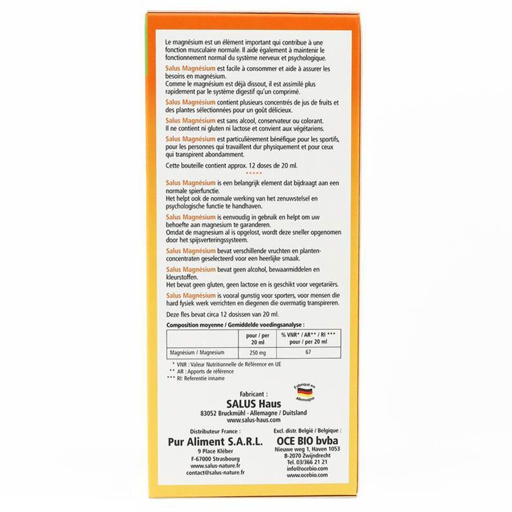 Dos de l'emballage Salus Magnésium Formule liquide. Texte multilingue. Ingrédients et informations nutritionnelles.