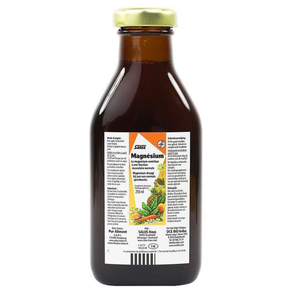 Bouteille brune de Salus Magnésium Formule liquide. Bouchon doré, 250 ml. Étiquette avec informations.