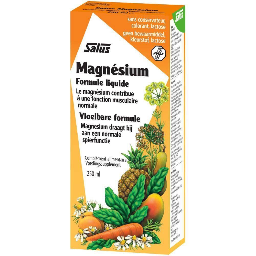 Emballage Salus Magnésium Formule liquide. Orange, avec illustration et texte. 250 ml. Sans conservateur.