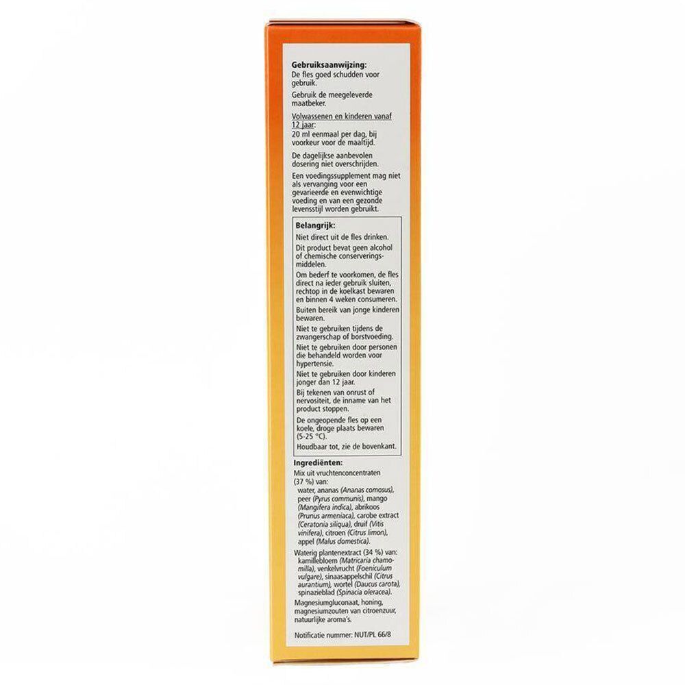 Côté de l'emballage Salus Magnésium Formule liquide. Texte multilingue. Mode d'emploi et ingrédients.