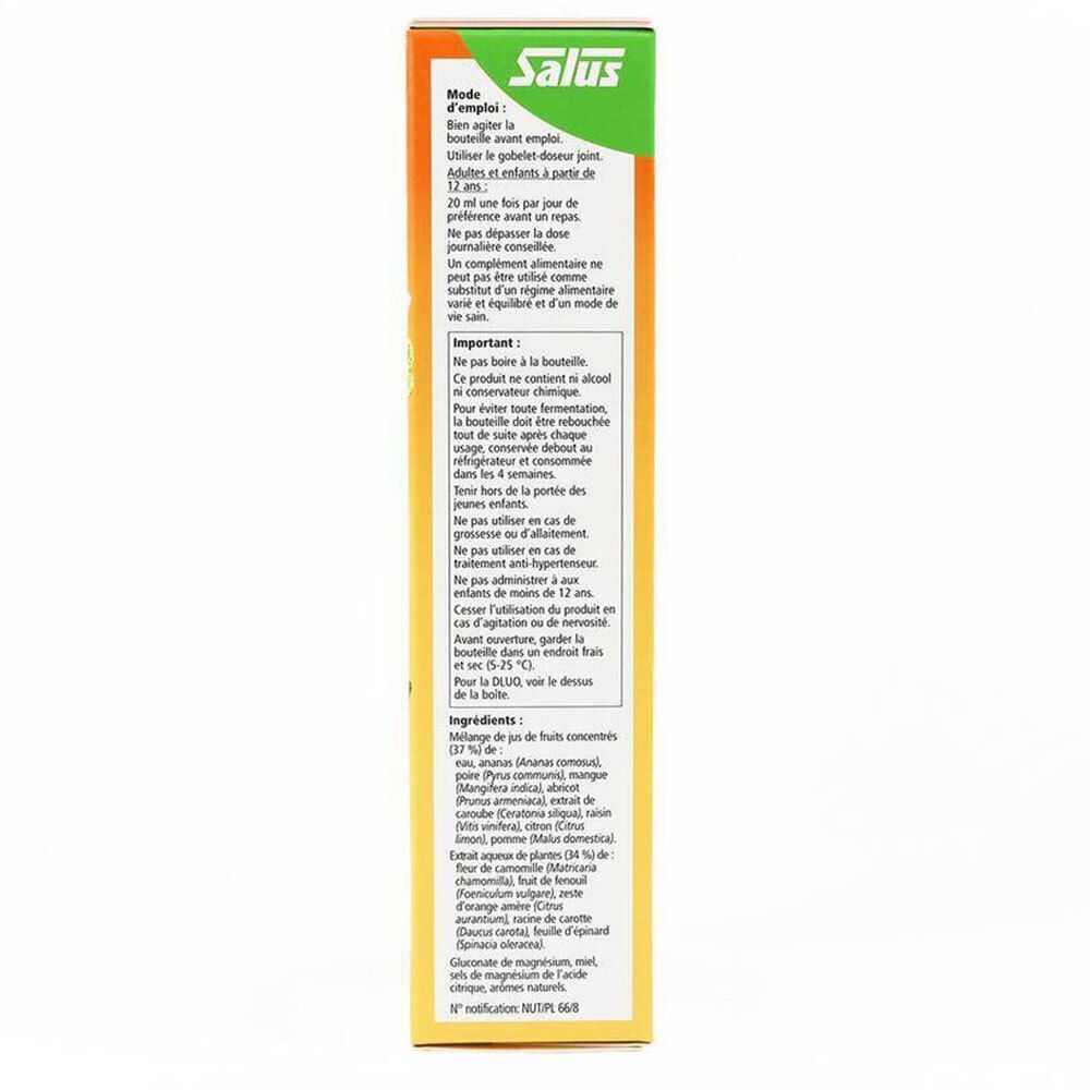 Côté de l'emballage Salus Magnésium Formule liquide. Texte multilingue. Mode d'emploi et ingrédients.