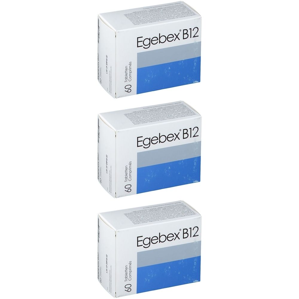 Trois boîtes de Egebex B12. Chaque boîte a une zone bleue et grise et l'inscription 60 comprimés.