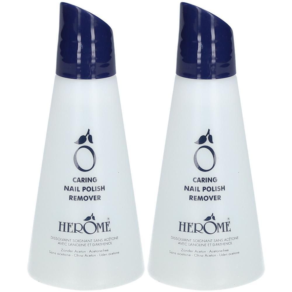 Deux flacons de dissolvant. Flacons blancs avec bouchon bleu. Inscription: Caring Nail Polish Remover.