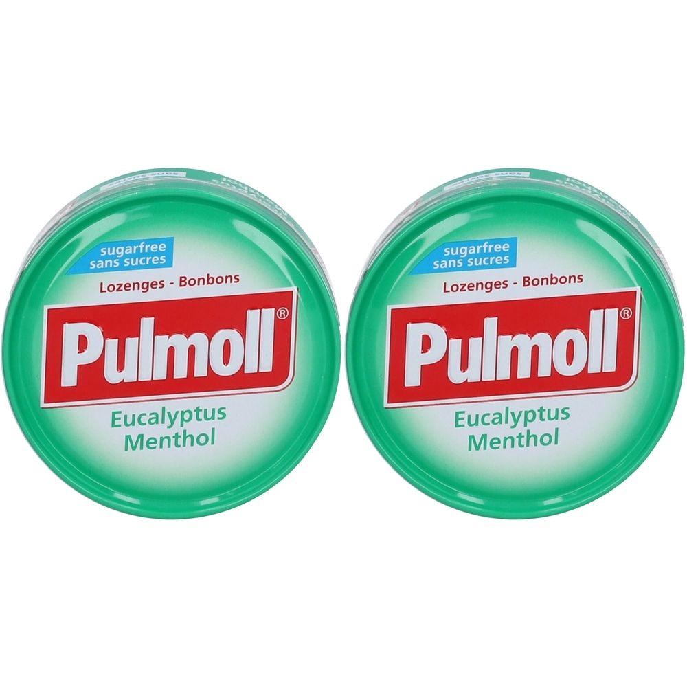 Deux boîtes rondes vertes de pastilles. Inscription: Pulmoll, Eucalyptus Menthol, sans sucre.
