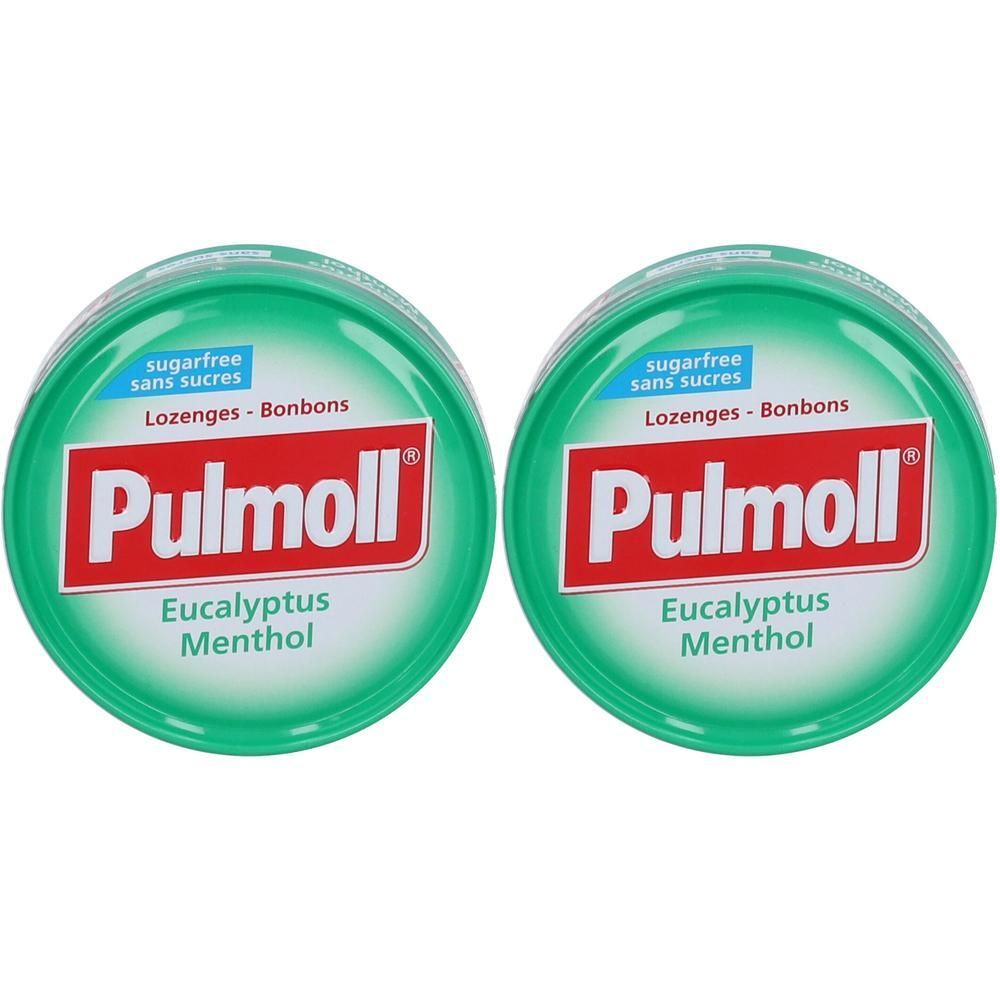 Deux boîtes rondes vertes de pastilles. Inscription: Pulmoll, Eucalyptus Menthol, sans sucre.