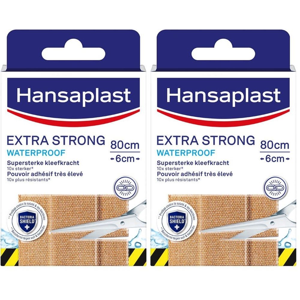 Deux boîtes de pansements Hansaplast Extra Strong. Inscription: Waterproof, 80cm x 6cm. Pansements beiges, ciseaux.