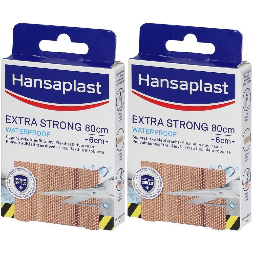 Deux boîtes de pansements Hansaplast Extra Strong. Inscription: Waterproof, 80cm x 6cm. Pansements beiges, ciseaux.