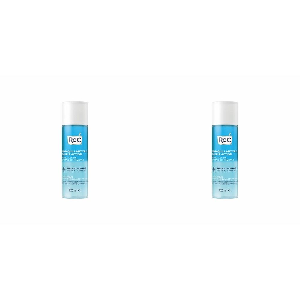 Deux flacons de RoC® Démaquillant Yeux Double Action. Liquide bleu, bouchon blanc. Texte: "Efficacité - Tolérance".