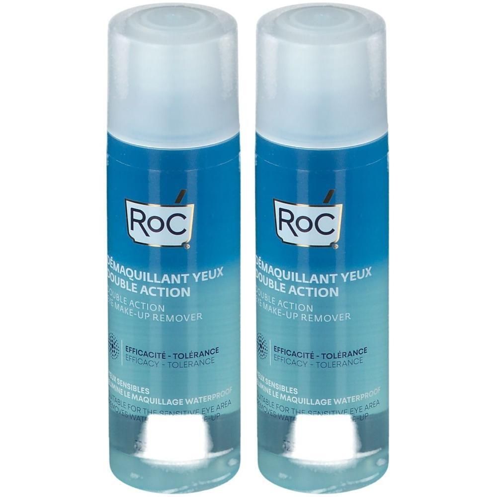 Deux flacons de RoC® Démaquillant Yeux Double Action. Liquide bleu, bouchon blanc. Texte: "Efficacité - Tolérance".