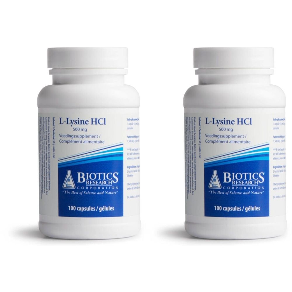 Deux flacons blancs avec bouchon à vis. Inscription: L-Lysine HCl 500 mg, BIOTICS RESEARCH CORPORATION, 100 capsules.
