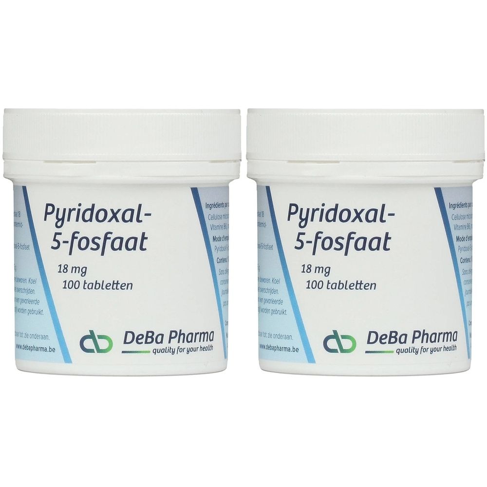 Deux boîtes blanches avec l'inscription Pyridoxal-5-fosfaat 18 mg, 100 tabletten. Marque DeBa Pharma.