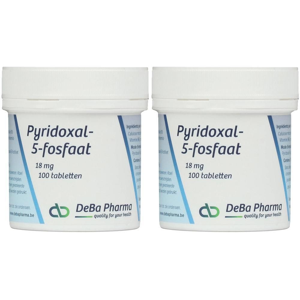 Deux boîtes blanches avec l'inscription Pyridoxal-5-fosfaat 18 mg, 100 tabletten. Marque DeBa Pharma.