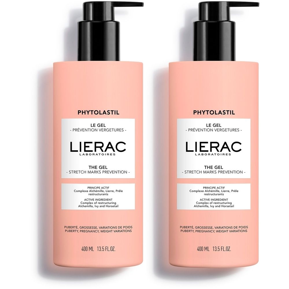 Deux flacons de gel Lierac Phytolastil. Flacons roses avec pompe noire. Étiquette avec informations produit.