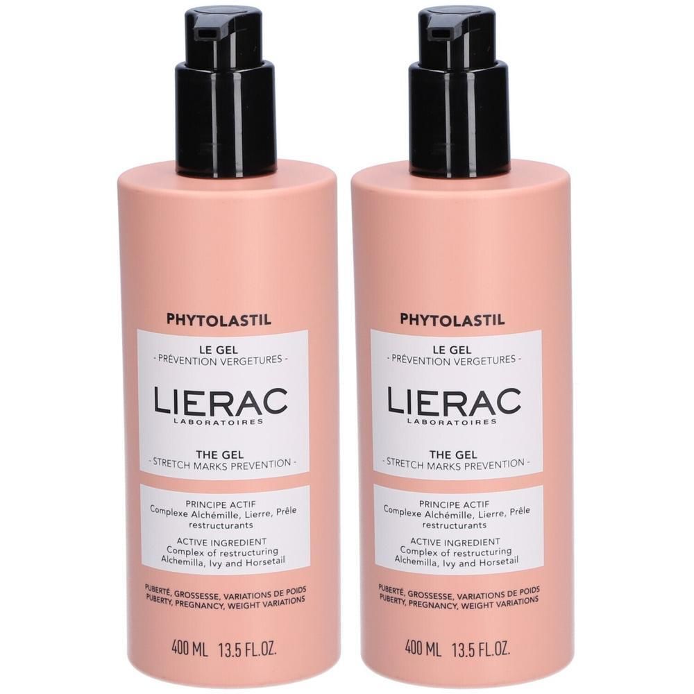Deux flacons de gel Lierac Phytolastil. Flacons roses avec pompe noire. Étiquette avec informations produit.