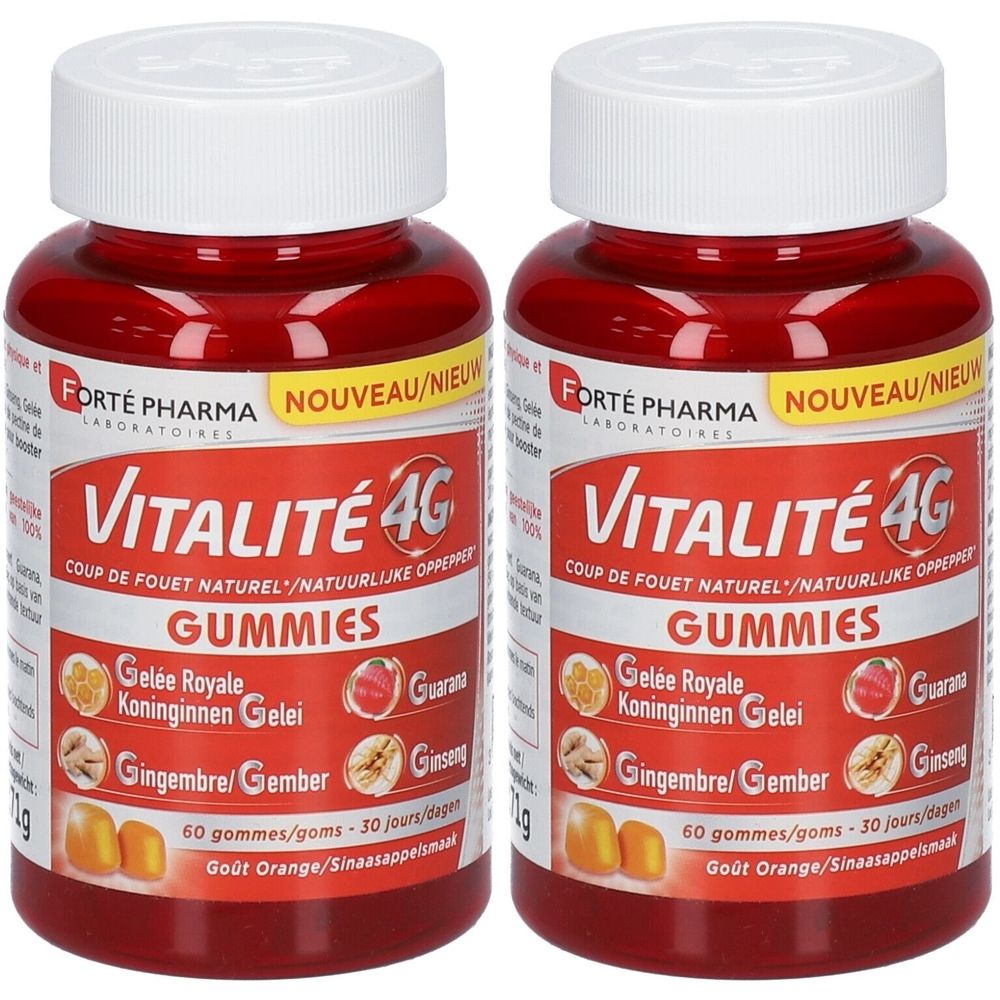 Deux flacons de Vitalité 4G Gummies. Récipients rouges, couvercles blancs. Inscription: Vitalité 4G Gummies, Gelée Royale, Gingembre, 60 gommes.