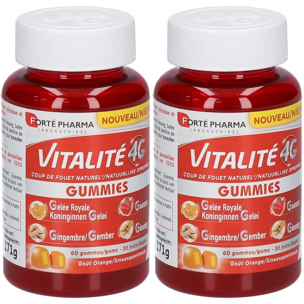 Deux flacons de Vitalité 4G Gummies. Récipients rouges, couvercles blancs. Inscription: Vitalité 4G Gummies, Gelée Royale, Gingembre, 60 gommes.